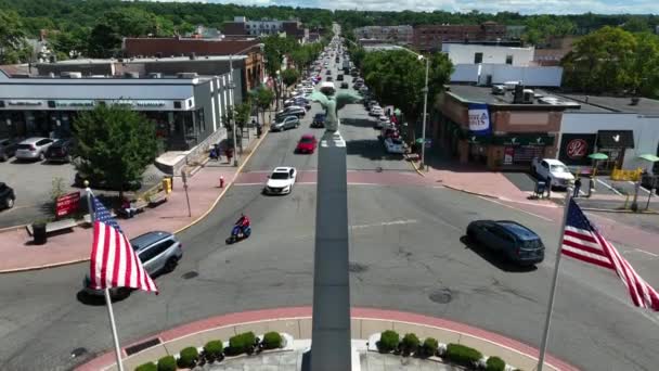 Patriotic American Small Town Aerial Englewood Nyc — Stock Video