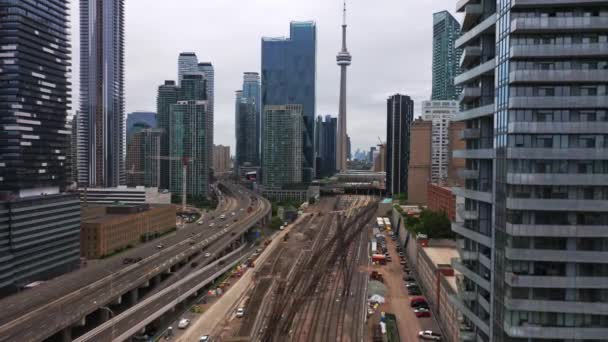 Drone Shot Downtown Toronto Union Station Train Tracks Gardiner Expressway — Stock Video