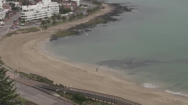 乌云密布的日子 人们和狗在乌拉圭的埃斯特角海滩散步 时间流逝 — 图库视频影像