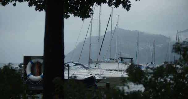 Mountain Tree Silhouette Windy Fog Boats Lake Rain Cloudy Storm — Stock Video