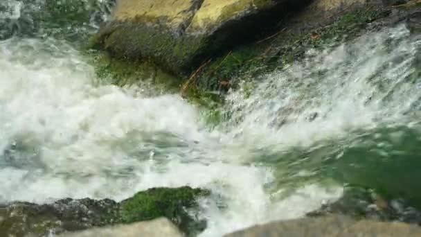 Close Clear Stream Moving Quickly Two Rocks Slow Motion — Stock Video