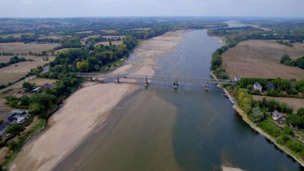 Vehicles Driving Loire Bridge Drought River France Aerial — Stock Video
