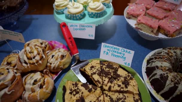 Slow Slider Shot Variety Desserts Baked Goods Displayed Sale — Stock Video