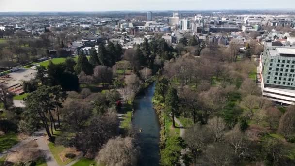 Avon River Christchurch Botanic Park Stadsgezicht Van Centrale Wijk Luchtfoto — Stockvideo
