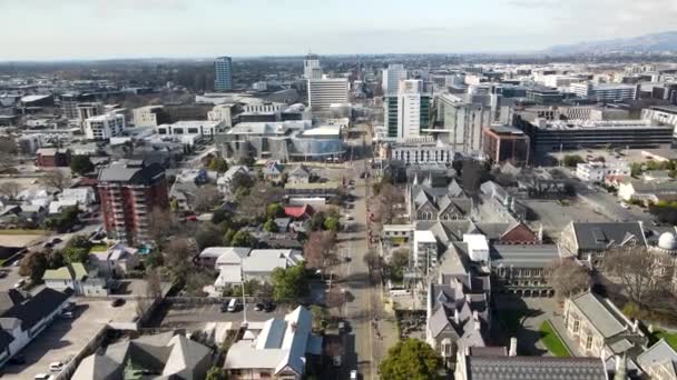 Drönaren Flyger Till Christchurch Centrum Stadsbilden Modern Och Historisk Byggnad — Stockvideo