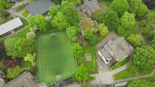 Auf Einem Grünen Fußballplatz Zwischen Den Häusern Einer Luxuriösen Wohngegend — Stockvideo