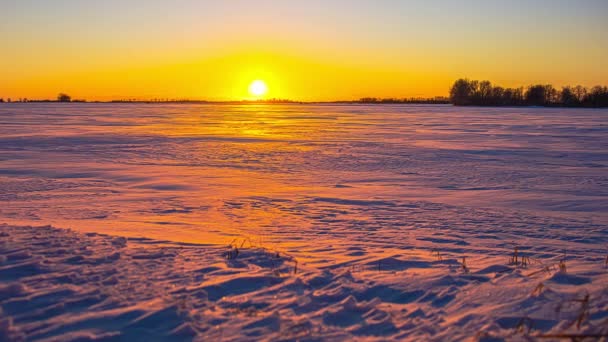 Pôr Sol Amarelo Brilhante Lapso Tempo Sobre Campo Neve Crepúsculo — Vídeo de Stock