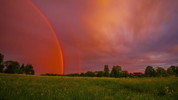タイムラプスは緑の草原の上で曇りの日に色鮮やかな虹が消えていった — ストック動画