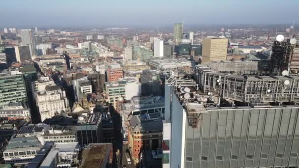 Voo Drone Aéreo Mostrando Telhado Torre Cidade Piccadilly Gardens Manchester — Vídeo de Stock