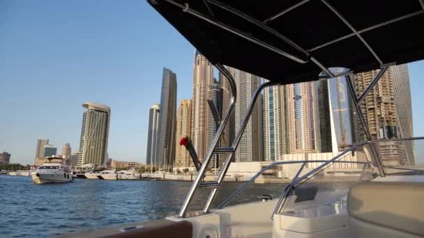 Dubai Harbor Luxury Waterfront Skyscrapers Towers View Yacht — Stock Video