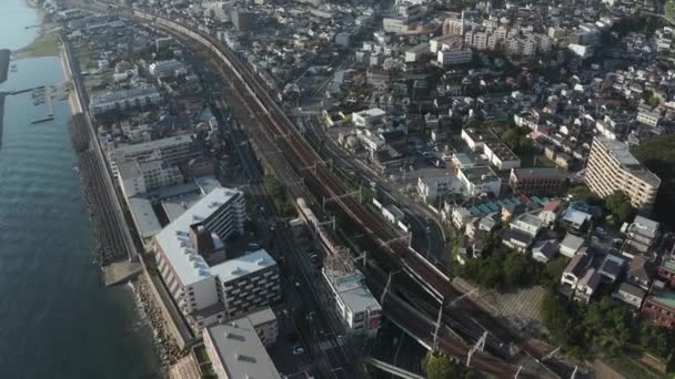 Akashi Kobe Japan Luftaufnahme Von Straßen Und Zügen Warmen Sommertagen — Stockvideo