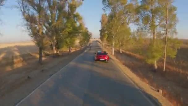 Pohon Garis Jalan Negara Kecil Sebagai Udara Berikut Mazda Merah — Stok Video