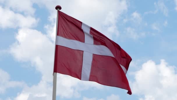Danimarka Ulusal Bayrağı Rüzgarda Dalgalanıyor Yavaş Harekette — Stok video