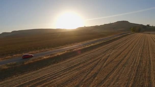 黄金の太陽 作物畑によって小さな道路上の航空トラック赤い車の運転 — ストック動画