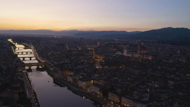 Drone Backward Moving Shot Florence Italy Sunset Colorful Sky — Stock Video