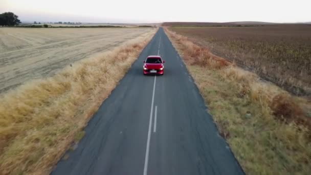 Aéreo Sobe Lentamente Como Unidades Carro Vermelho Brilhante Estrada Plana — Vídeo de Stock