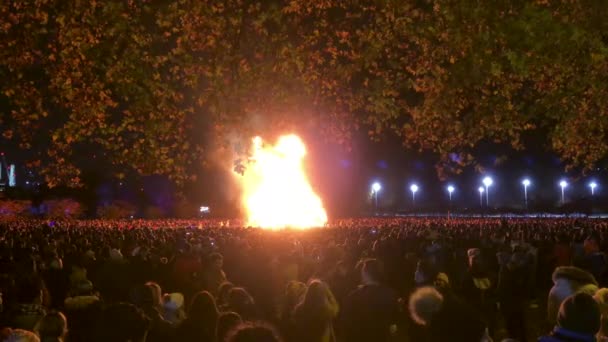 バタシー公園でのガイ フォークスのお祝いのために夜に大規模なたき火の周りに集まった人々の群衆 — ストック動画