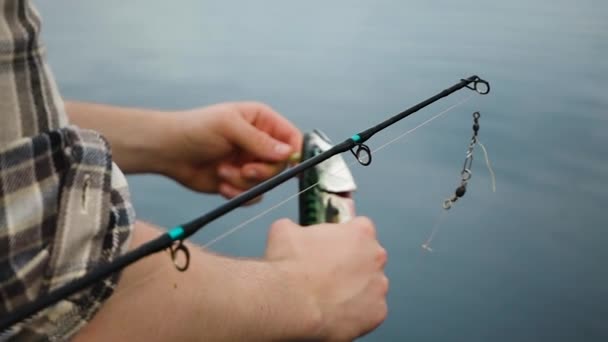 Man Taking Hook Fish Mackerel — Stock Video