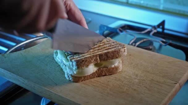 Knife Cutting Toasted Whole Grain Sandwich Boiled Eggs Mayonnaise Filling — 비디오