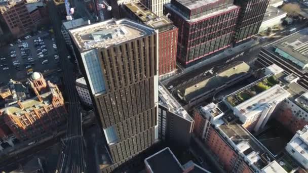 Lotnicze Drony Przelatujące Nad Dachami Oxford Road Centrum Manchesteru Pokazujące — Wideo stockowe
