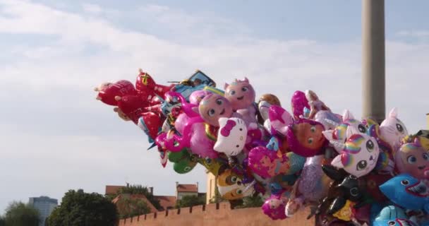 Globos Atados Personajes Cuentos Hadas Flotan Sobre Casco Antiguo Warszava — Vídeo de stock