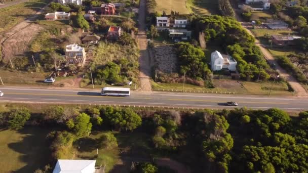 Aerial Tracking Shot Tour Bus Driving Main Road Iof Punta — стокове відео
