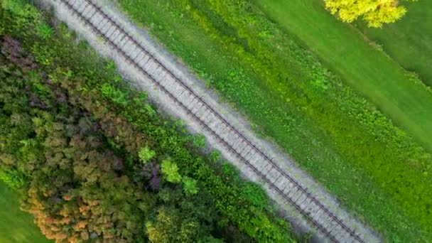 Trilha Trem Através Campos Verdes Drone Aéreo Top Notch Círculos — Vídeo de Stock