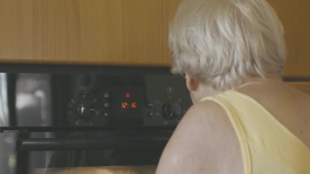 Starší Žena Podívá Troubu Vybere Jakou Teplotu Časovač Použít Pečení — Stock video