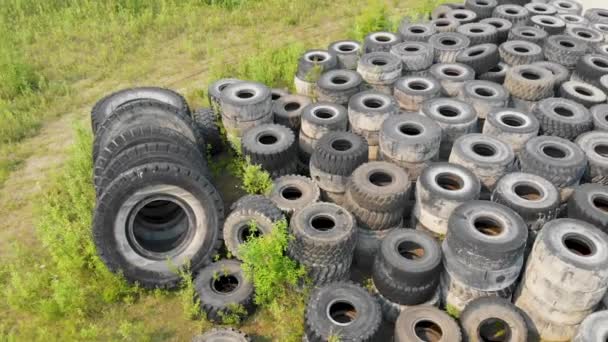 Drone Video Discarded Giant Excavator Tire Pile Wildness Fairbanks Summer — стокове відео