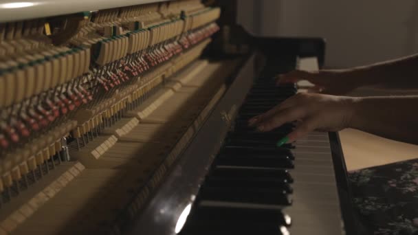 Χέρια Της Πιανίστριας Παίζουν Ένα Κομμάτι Μουσικής Στο Πληκτρολόγιο Ξύλινα — Αρχείο Βίντεο