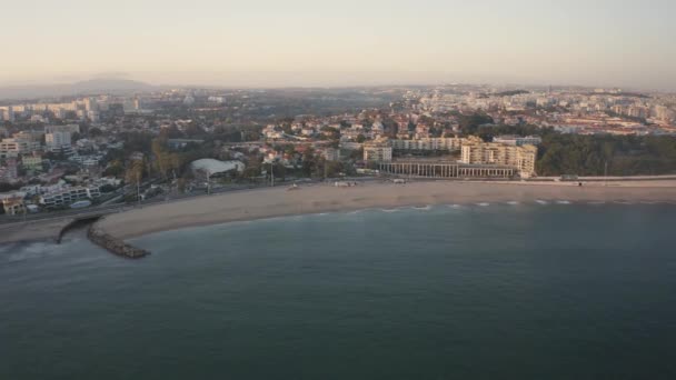 Letecký Výhled Pláž Santo Amaro Oeiras Obzor Západu Slunce Lisabonu — Stock video