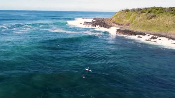 Drone Antenne Nog Steeds Schot Van Surfers Wachten Line Kopland — Stockvideo