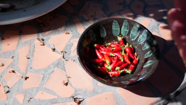 小红辣椒豆荚掉进小碗里 — 图库视频影像