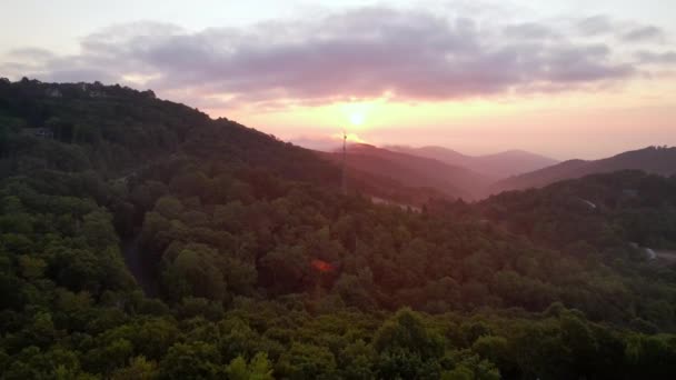 日の出に北カロライナ州ボーンCの近くの通信塔に向かって木の上を空から押す — ストック動画