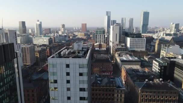 Aerial Drone Flight Passing Low Rooftops Piccadilly Gardens Chinatown Manchester — Stock Video