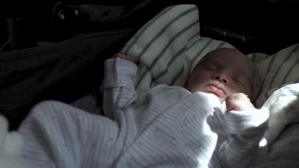 左腕に太陽の光でゆっくりと目を開けて成長する赤ちゃんの新生児を眠ります ロックオフ — ストック動画