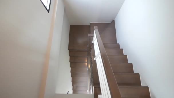 Clean Modern Brown Wooden Stairs Top View High Corner People — стоковое видео