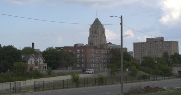 Widok Lotu Ptaka Budynek Fishera Rejonie Nowego Centrum Detroit — Wideo stockowe