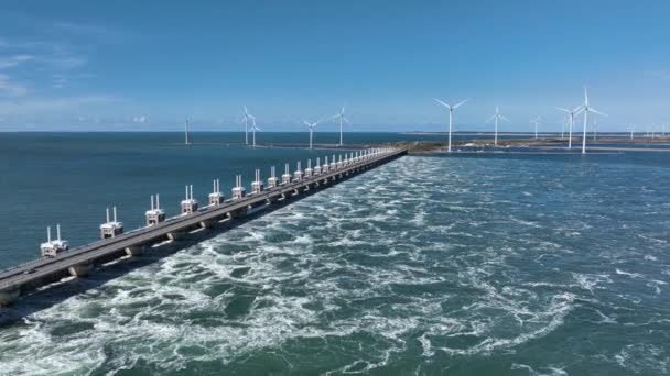 Tide Gushing Eastern Scheldt Storm Surge Barrier Zeeland Aerial — Stock Video