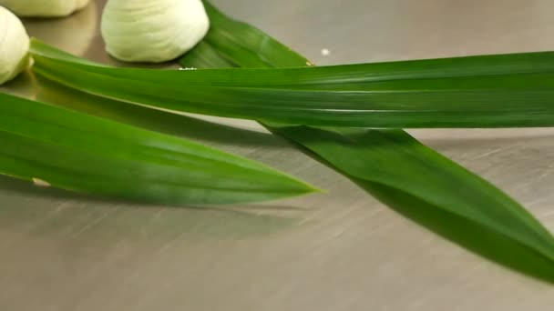 桌上的绿色中式糕点 配以潘丹休假 — 图库视频影像