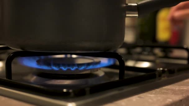 Turning Gas Stove Removing Pot Close Slow Motion — Stock Video