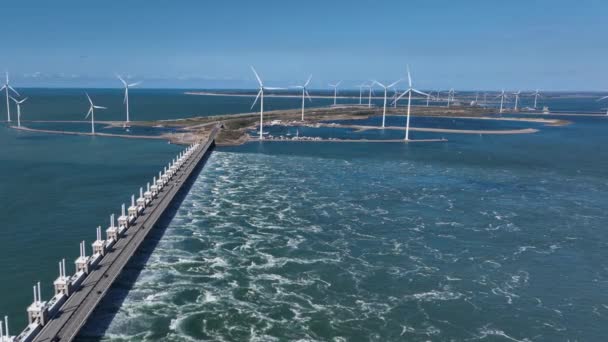 Aerial Flyover Storm Surge Barrier Dam Delta Works Netherlands Rotating — Stock Video