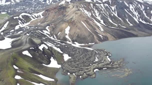 Frostastavat湖とLandmannalauar山脈 アイスランド 氷河水の溶岩流の空中ビュー 風景アイスランドの風景 ドローンショット — ストック動画