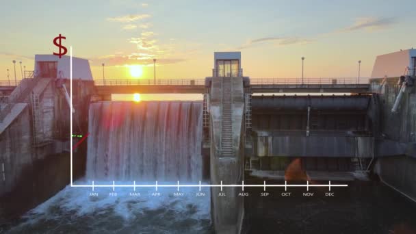 Antenne Bei Sonnenuntergang Des Wasserkraftwerks Mit Animierten Grafiken Die Die — Stockvideo