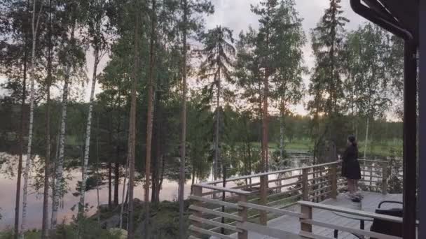 Donna Che Gode Vista Sul Lago Nordic Summer Cabin Con — Video Stock