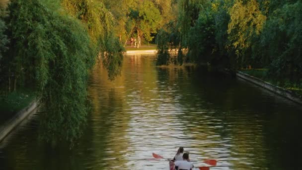 Hidasliikkeinen Kiinteä Laukaus Pariskunnasta Punaisessa Kajakissa Kaupunkijärvellä Auringonlaskun Aikaan Puiden — kuvapankkivideo