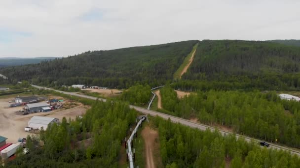 Drone Video Trans Alaska Pipeline Crosing Roadway Fairbanks Sunny Summer — стокове відео