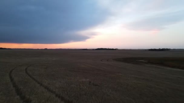 カナダのアルバータ州で劇的な曇り空の夕日を明らかにする 平らな広大な農地の上空の湾曲した無人機の飛行 — ストック動画