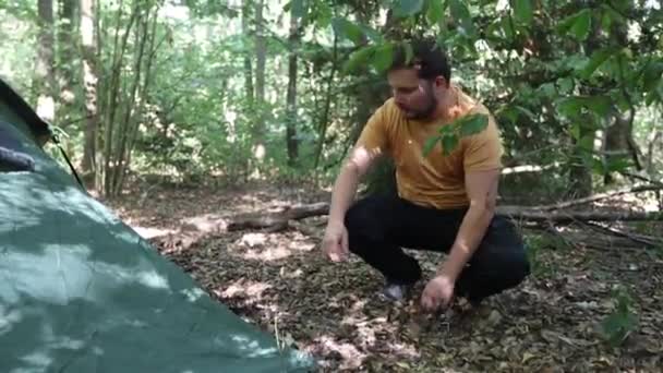 失望的人在树林里的一个营地搭起帐篷 但没有把钩子插两次在地上 也没有放下绳子 — 图库视频影像