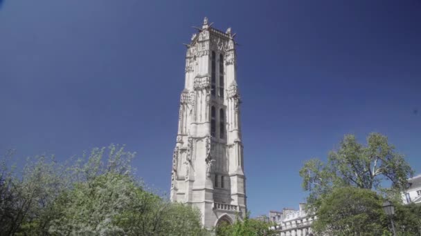 Tour Saint Jacques Paříži Francie Slunečného Dne Proti Modré Obloze — Stock video